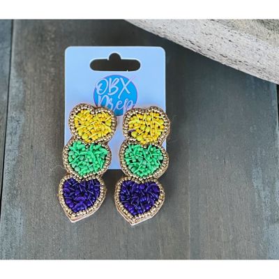 Mardi Gras Triple Hearts Seed Beaded Dangle Earrings