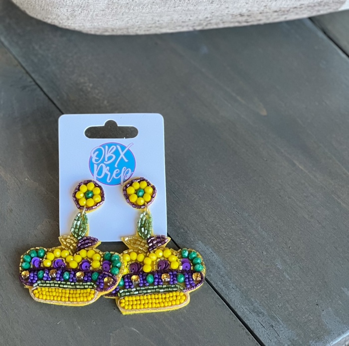 Mardi Gras Crown with Flourish Seed Bead Drop Earrings