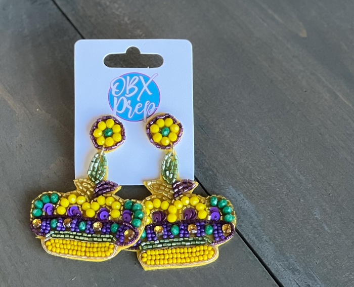 Mardi Gras Crown with Flourish Seed Bead Drop Earrings