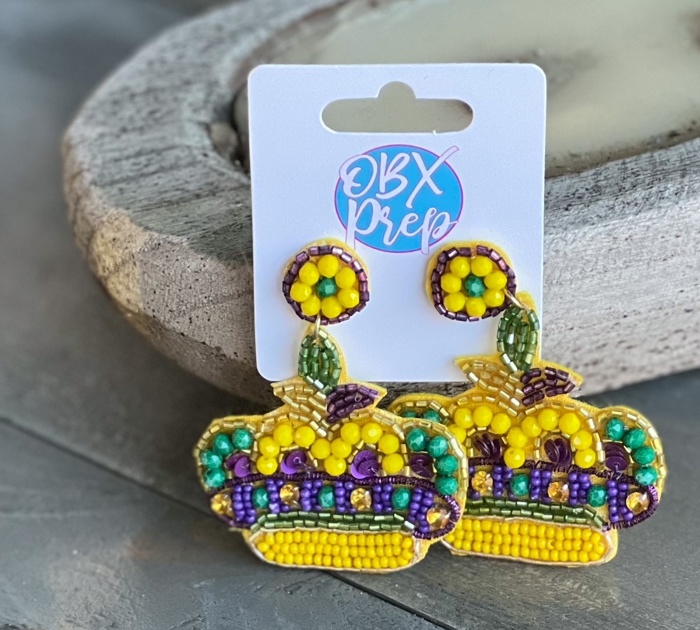 Mardi Gras Crown with Flourish Seed Bead Drop Earrings