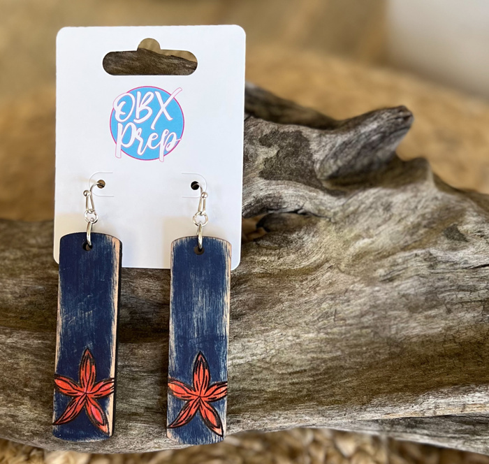 Hand Painted Coastal Starfish Earrings | Navy & Coral Wooden Dangle Earrings | Distressed Beach Earrings | OBX Handmade | Preppy Summer Jewelry