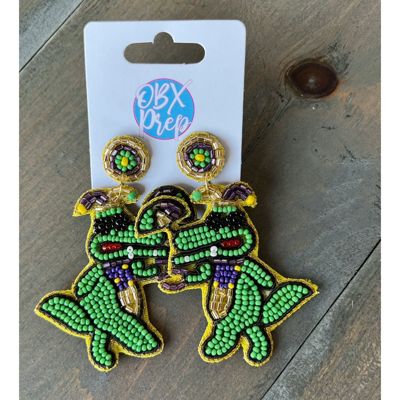 Mardi Gras Alligator Seed Bead Drop Earrings