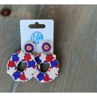 Patriotic Red White Stars Blue Seed Bead Dangle Earrings