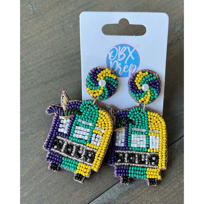 Mardi Gras Trolley Seed Beaded Handmade Dangle Earrings