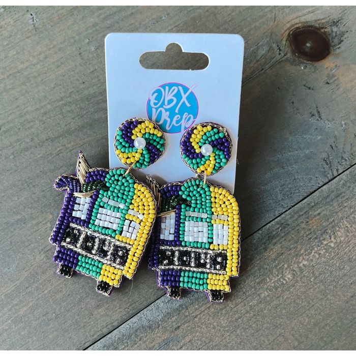 Mardi Gras Trolley Seed Beaded Handmade Dangle Earrings