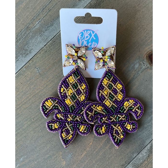 Mardi Gras Fleur de Lis Seed Beaded Handmade Dangle Earrings