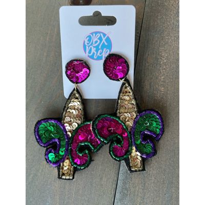 Mardi Gras Sequin Fleur De Lis Dangle Post Earrings 💜💚💛