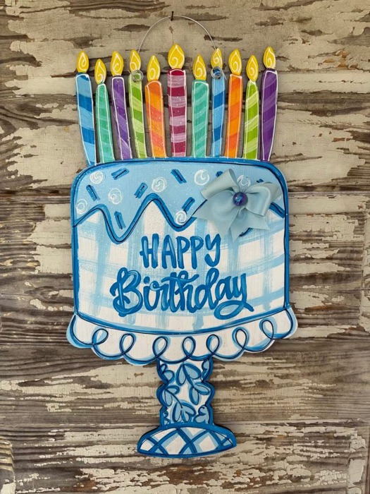 Hand-Painted Birthday Cake Door Hanger Sign – Preppy Plaid & Chinoiserie Style