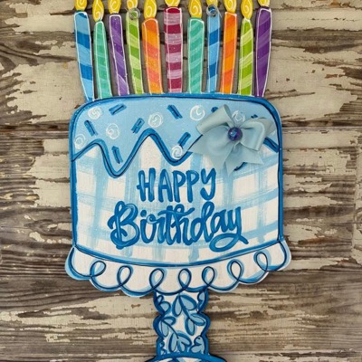 Hand-Painted Birthday Cake Door Hanger Sign – Preppy Plaid & Chinoiserie Style