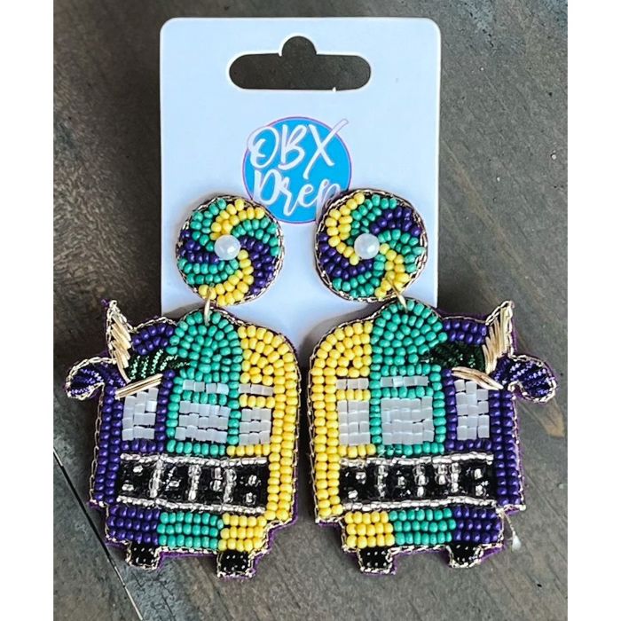 Mardi Gras Trolley Seed Beaded Handmade Dangle Earrings