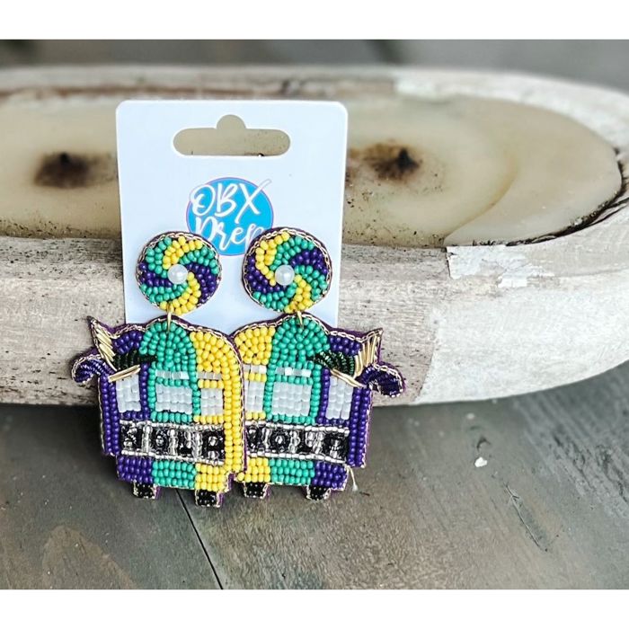 Mardi Gras Trolley Seed Beaded Handmade Dangle Earrings