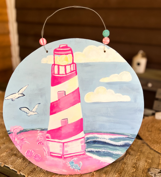 Hand Painted Cape Hatteras Lighthouse Ocean Round Door Hanger – Preppy Maximalist Coastal Decor