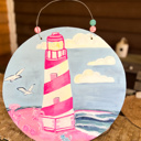  Hand Painted Cape Hatteras Lighthouse Ocean Round Door Hanger – Preppy Maximalist Coastal Decor