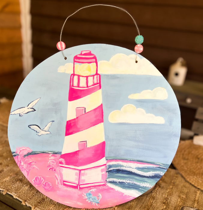 Hand Painted Cape Hatteras Lighthouse Ocean Round Door Hanger – Preppy Maximalist Coastal Decor