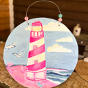 Hand Painted Cape Hatteras Lighthouse Ocean Round Door Hanger – Preppy Maximalist Coastal Decor