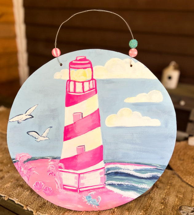 Hand Painted Cape Hatteras Lighthouse Ocean Round Door Hanger – Preppy Maximalist Coastal Decor