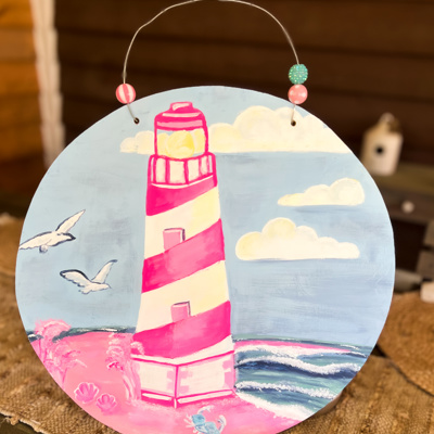 Hand Painted Cape Hatteras Lighthouse Ocean Round Door Hanger – Preppy Maximalist Coastal Decor