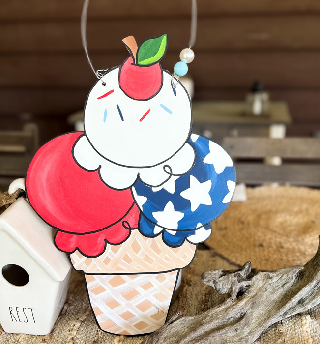 Patriotic Ice Cream Cone Door Hanger – Hand Painted Birch Wood