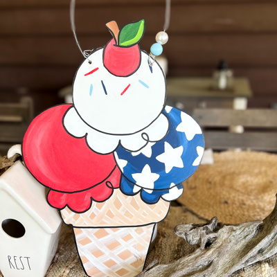 Patriotic Ice Cream Cone Door Hanger – Hand Painted Birch Wood