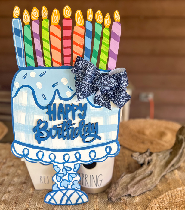 Hand-Painted Birthday Cake Door Hanger Sign – Preppy Plaid & Chinoiserie Style