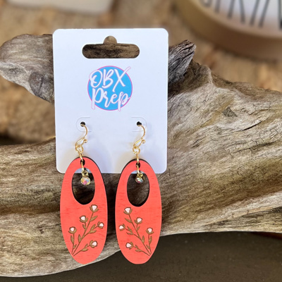 Summery Coral Floral Oval Birch Wood Earrings – Hand Painted in OBX