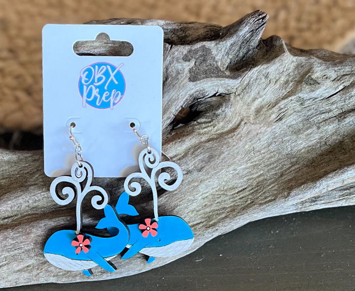 Whale of a Time Birch Wood Earrings – Hand Painted in the Outer Banks 🐳🌊🌸