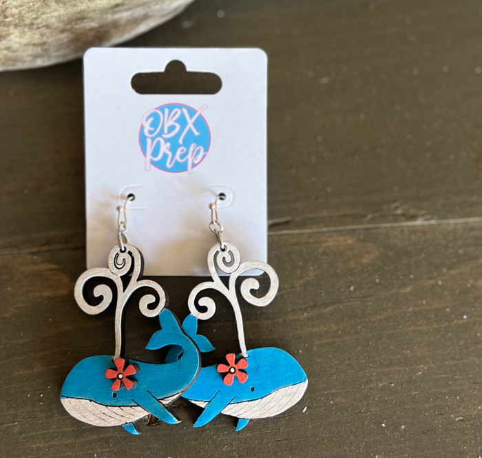 Whale of a Time Birch Wood Earrings – Hand Painted in the Outer Banks 🐳🌊🌸