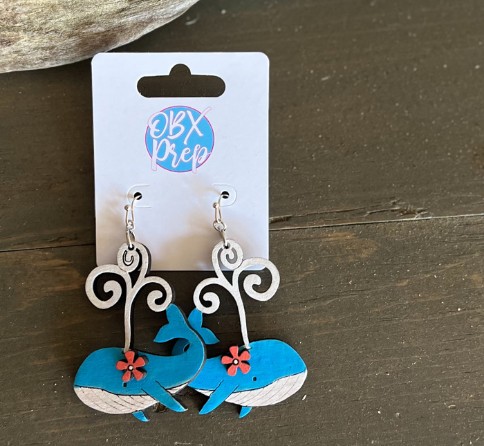 Whale of a Time Birch Wood Earrings – Hand Painted in the Outer Banks 🐳🌊🌸
