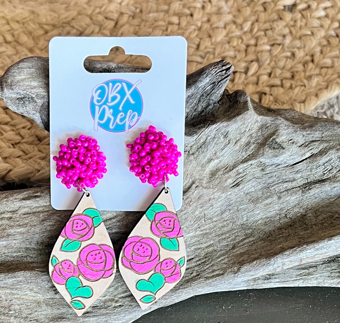  Hand-Painted Rose Diamond Earrings with Beaded Topper
