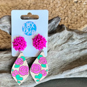   Hand-Painted Rose Diamond Earrings with Beaded Topper