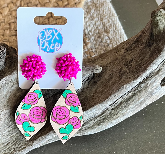  Hand-Painted Rose Diamond Earrings with Beaded Topper