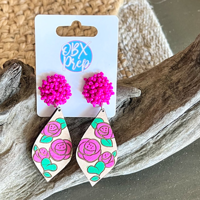  Hand-Painted Rose Diamond Earrings with Beaded Topper