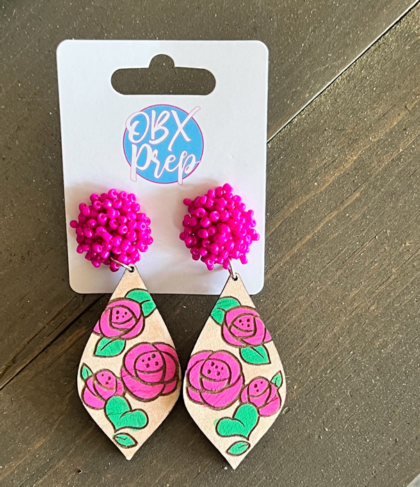  Hand-Painted Rose Diamond Earrings with Beaded Topper