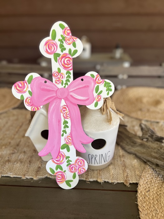 Hand-Painted Pink Roses Cross Door Hanger – White Birch ✝️ 