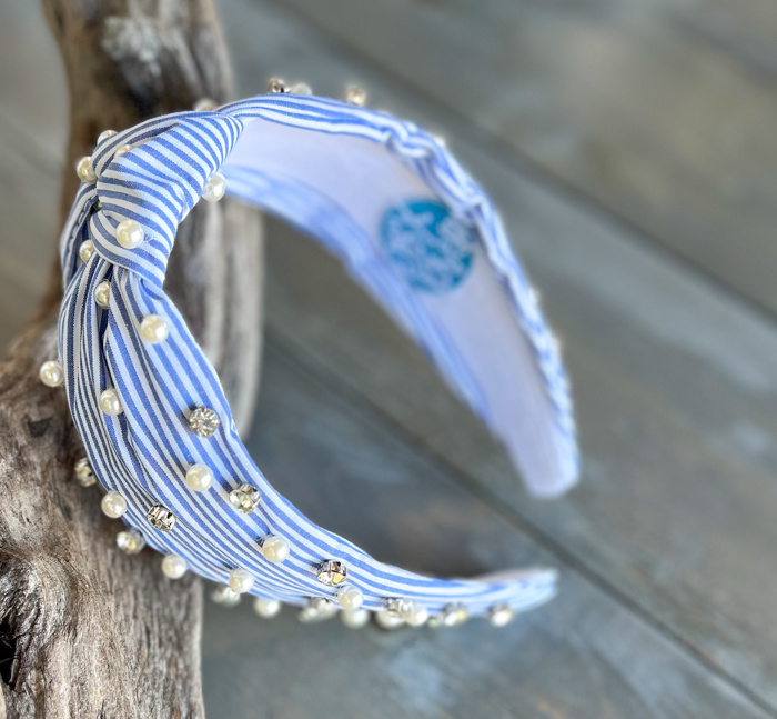 Sydney Striped Blue and White Preppy Top Knot Headband – Adorned with Faux Pearls and Rhinestones