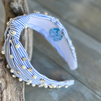 Sydney Striped Blue and White Preppy Top Knot Headband – Adorned with Faux Pearls and Rhinestones