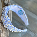  Sydney Striped Blue and White Preppy Top Knot Headband – Adorned with Faux Pearls and Rhinestones