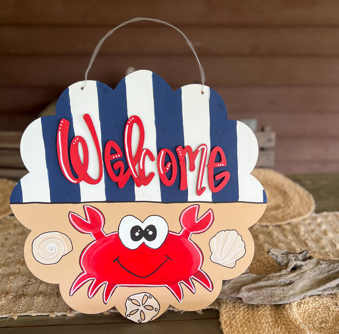 Welcome Nautical Crab Door Hanger – Hand Painted Coastal Summer Decor