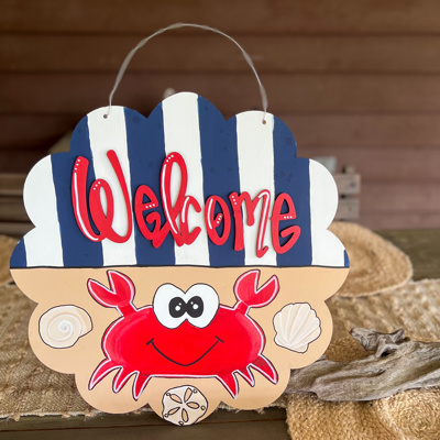Welcome Nautical Crab Door Hanger – Hand Painted Coastal Summer Decor