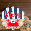  Welcome Nautical Crab Door Hanger – Hand Painted Coastal Summer Decor