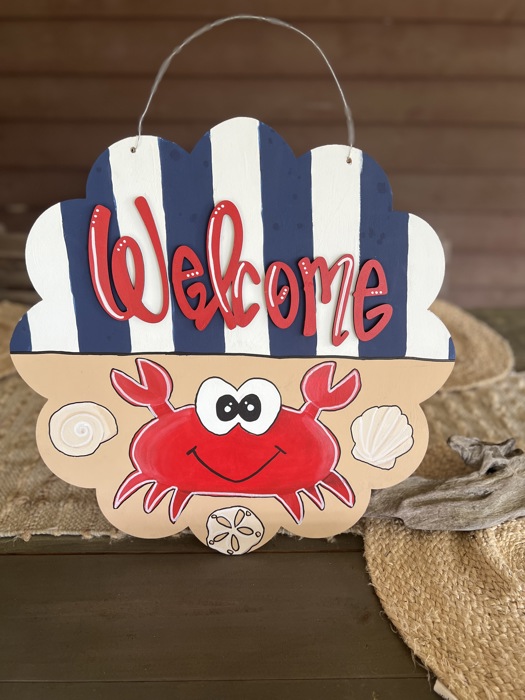 Welcome Nautical Crab Door Hanger – Hand Painted Coastal Summer Decor