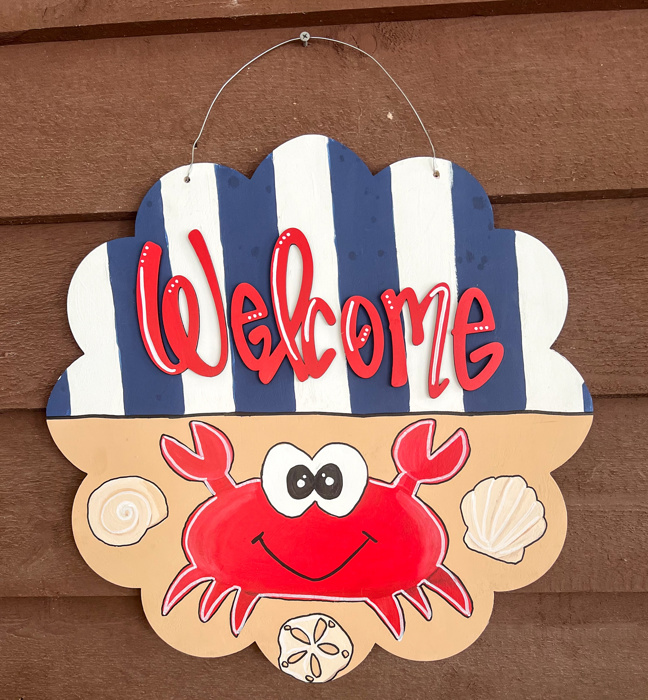 Welcome Nautical Crab Door Hanger – Hand Painted Coastal Summer Decor