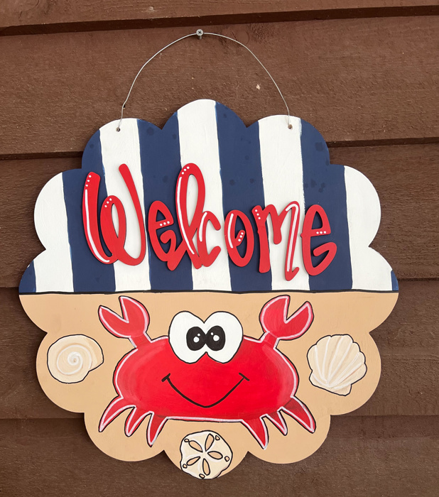 Welcome Nautical Crab Door Hanger – Hand Painted Coastal Summer Decor