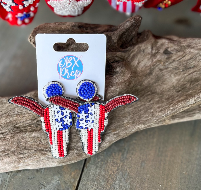 Patriotic Hand Beaded Seed Bead Dangle Earrings 