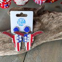 Patriotic BullSkull Patriotic Hand Beaded Seed Bead Dangle Earrings 
