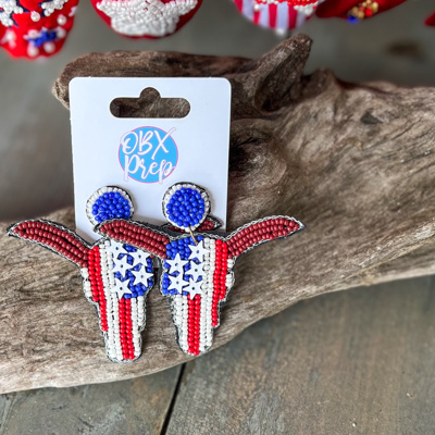 Patriotic Red White Blue Bull skull Seed Bead Dangle Earrings