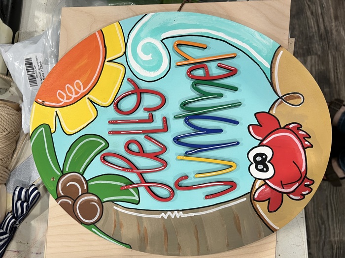 Hello Summer Crab & Palm Tree Door Hanger – Hand-Painted Birch Wood 