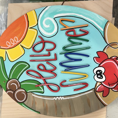 Hello Summer Crab & Palm Tree Door Hanger – Hand-Painted Birch Wood 