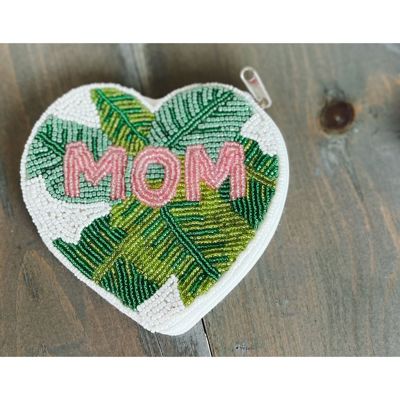 Mom Palm Heart Seed Beaded Coin Pouch Purse – Handmade Heart-Shaped Coin Purse