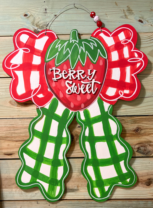 Berry Sweet Scalloped Gingham Strawberry Green and Red Bow Door Hanger Sign